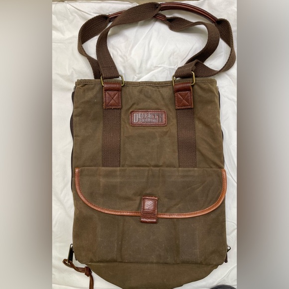 Duluth Trading Women's Oil Cloth Day Tote Bag green brown leather handles - Picture 2 of 13